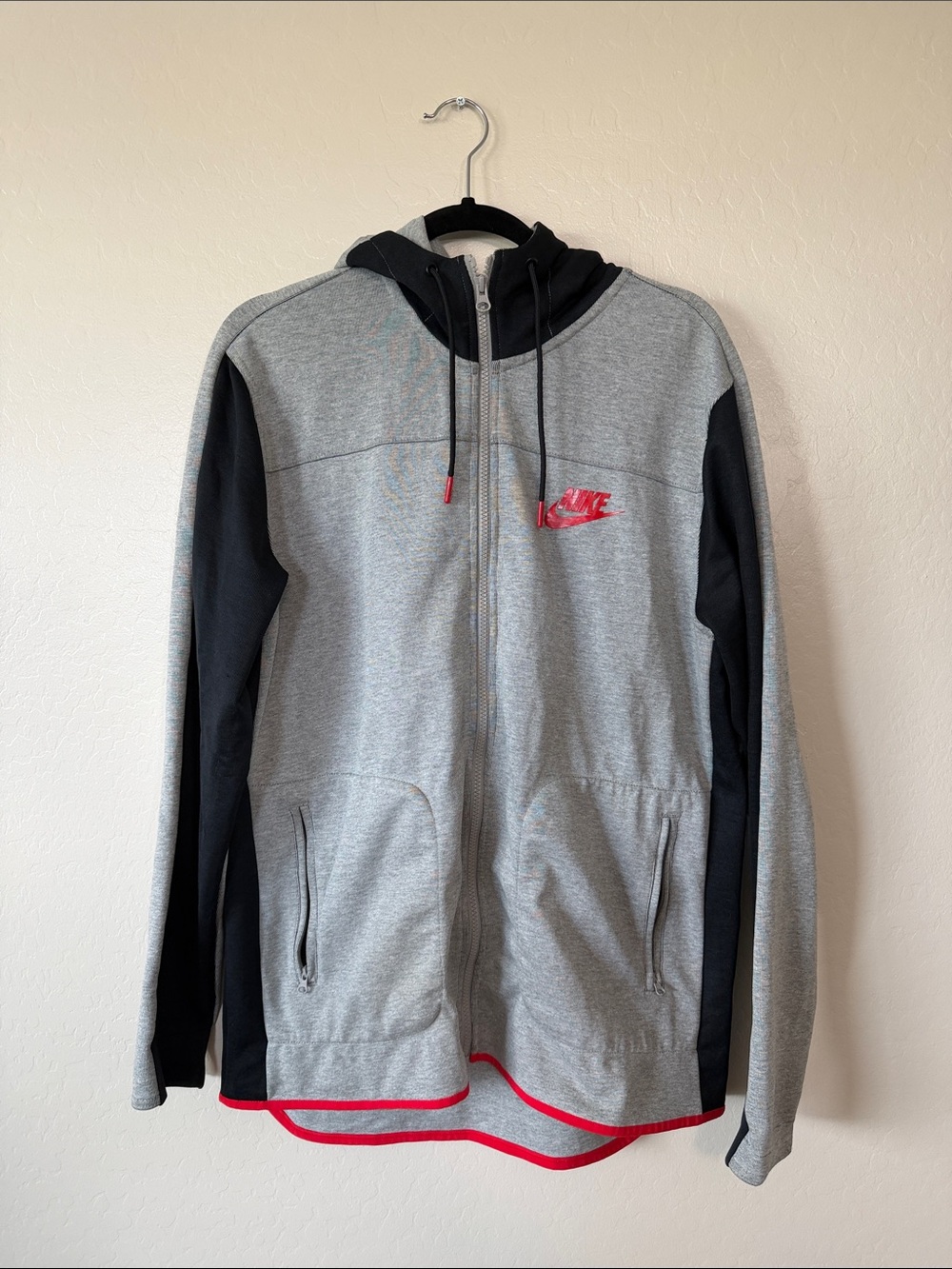 Nike Gray and Black Hoodie with Red Logo Trim